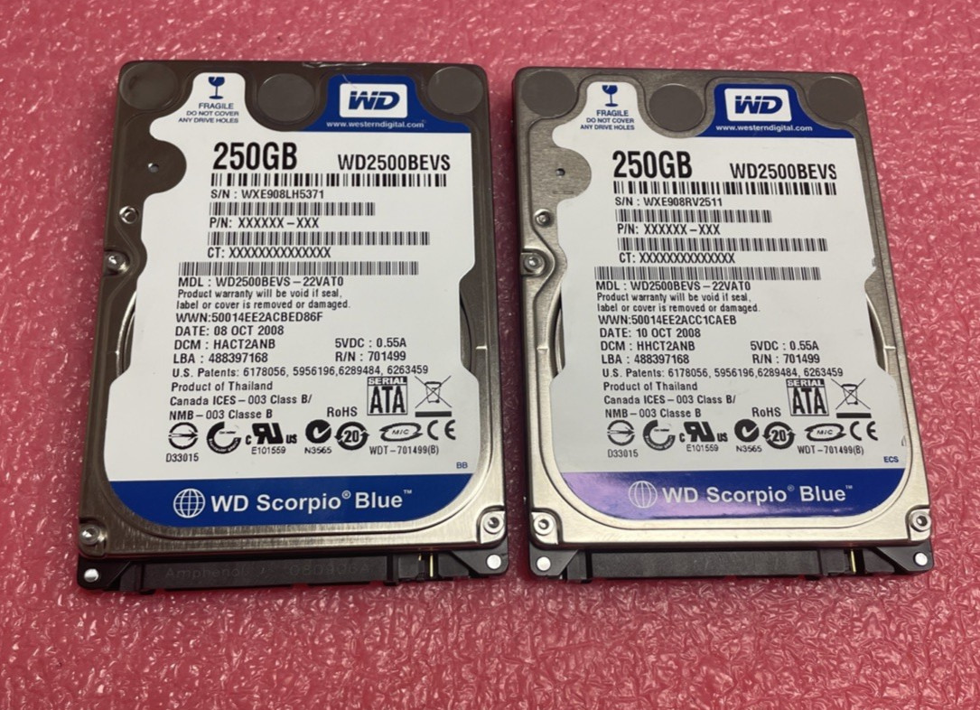 2X Western Digital WD WD2500BEVS-22VAT0 250GB SATA 2.5" Hard Drive/WORKS