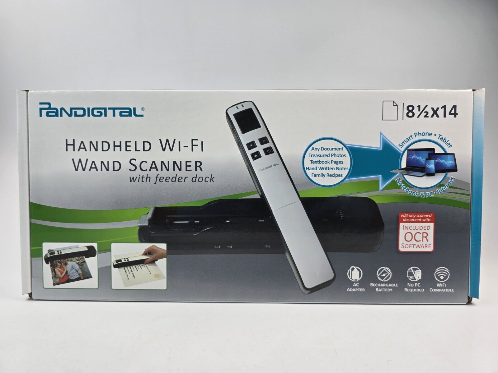 NEW Pandigital Handheld Wi-Fi Wand Scanner S8X1103 w/ Feeder Dock Black 