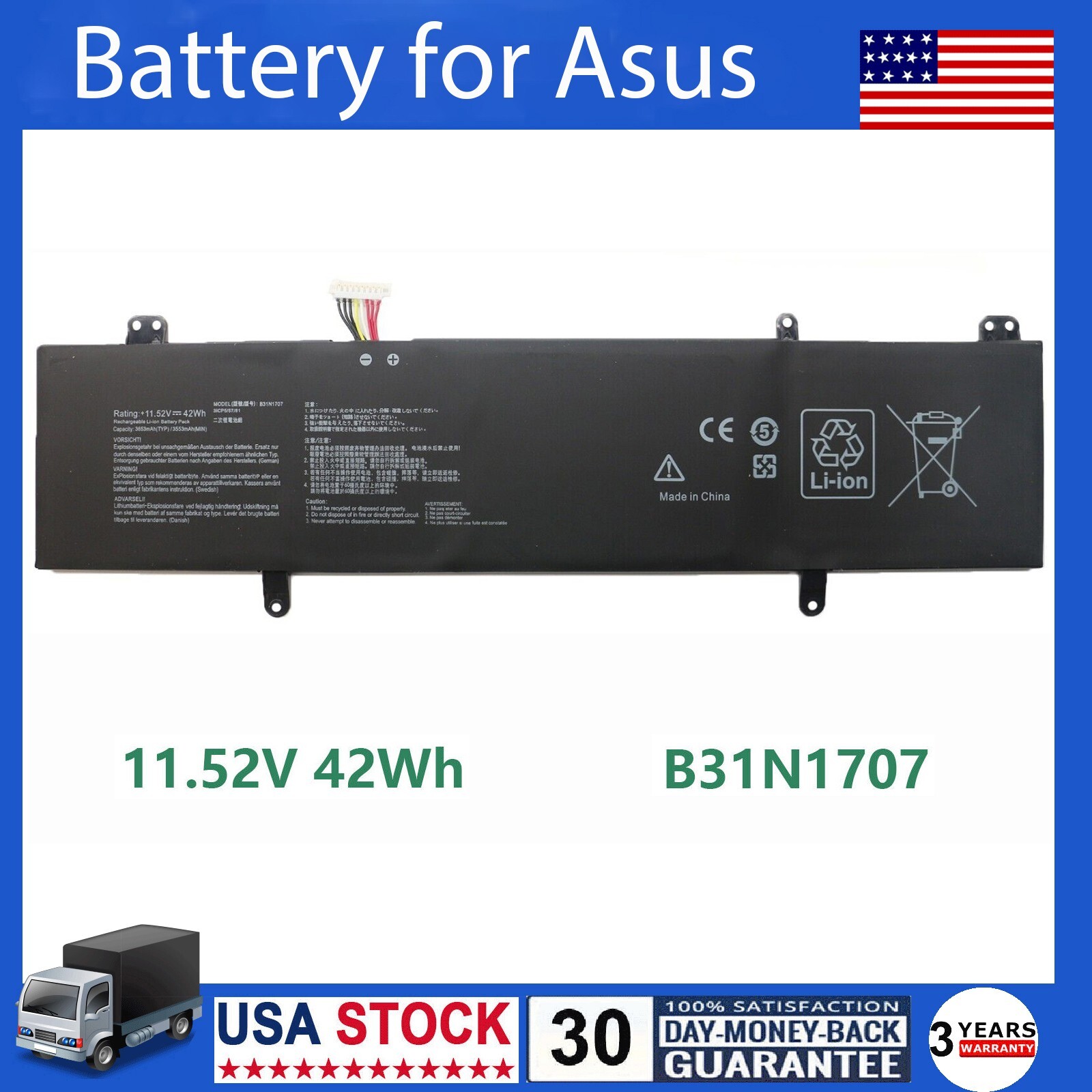 B31N1707 Battery for Asus S4100V S4200U VivoBook 14 X411UQ X411UA S14 S410UN US