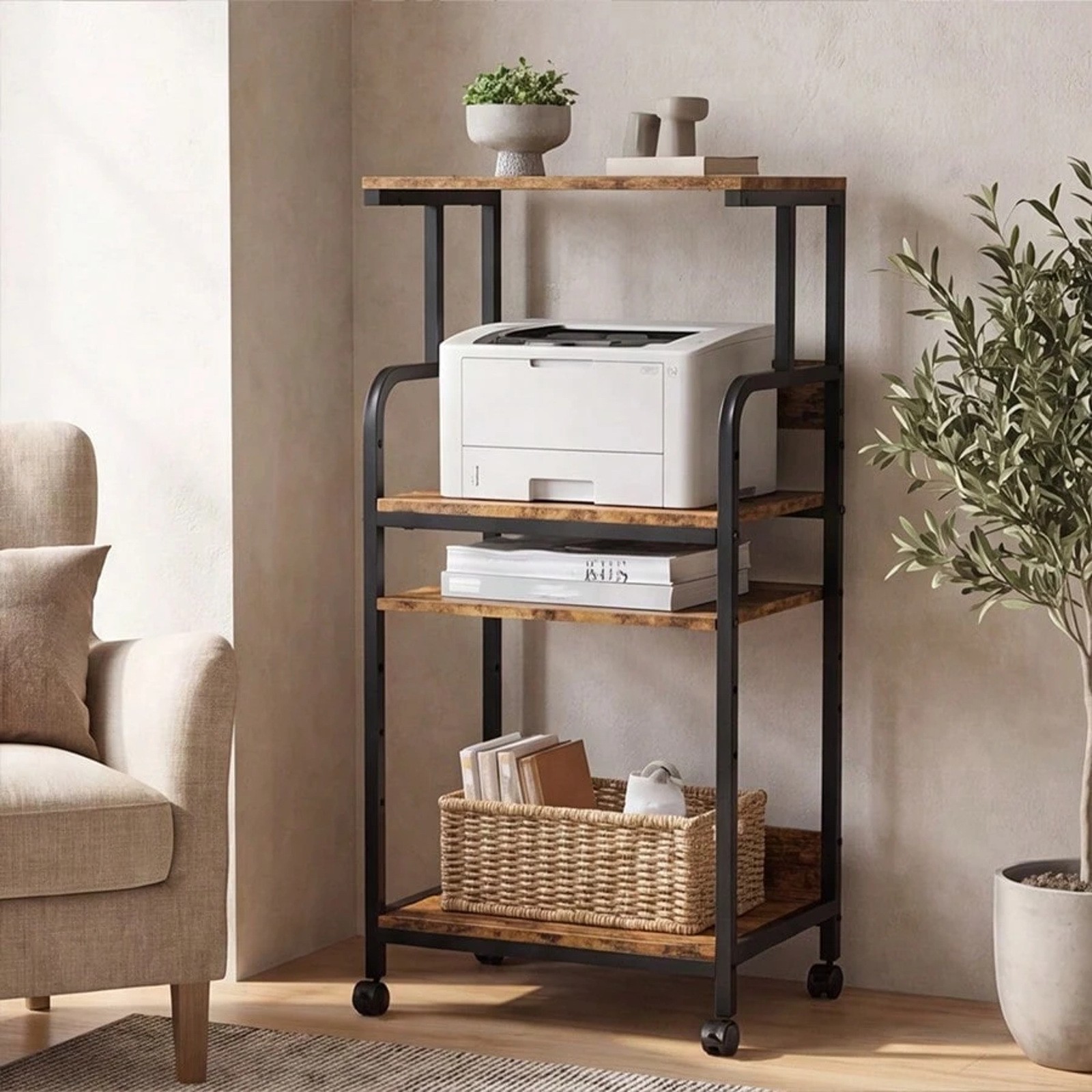 4-Tier Rolling Printer Stand with Adjustable Shelves & Wheel Locks for Offices