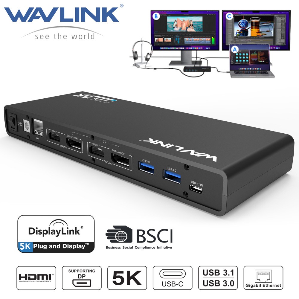 5K Displaylink Laptop Docking Station USB C Multiple Display Dock 2×HDMI DP RJ45