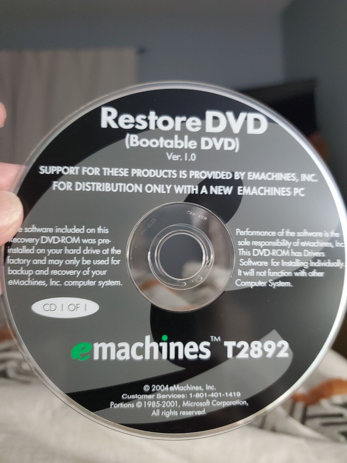 eMachines Restore DVD Version 1.0 T2892