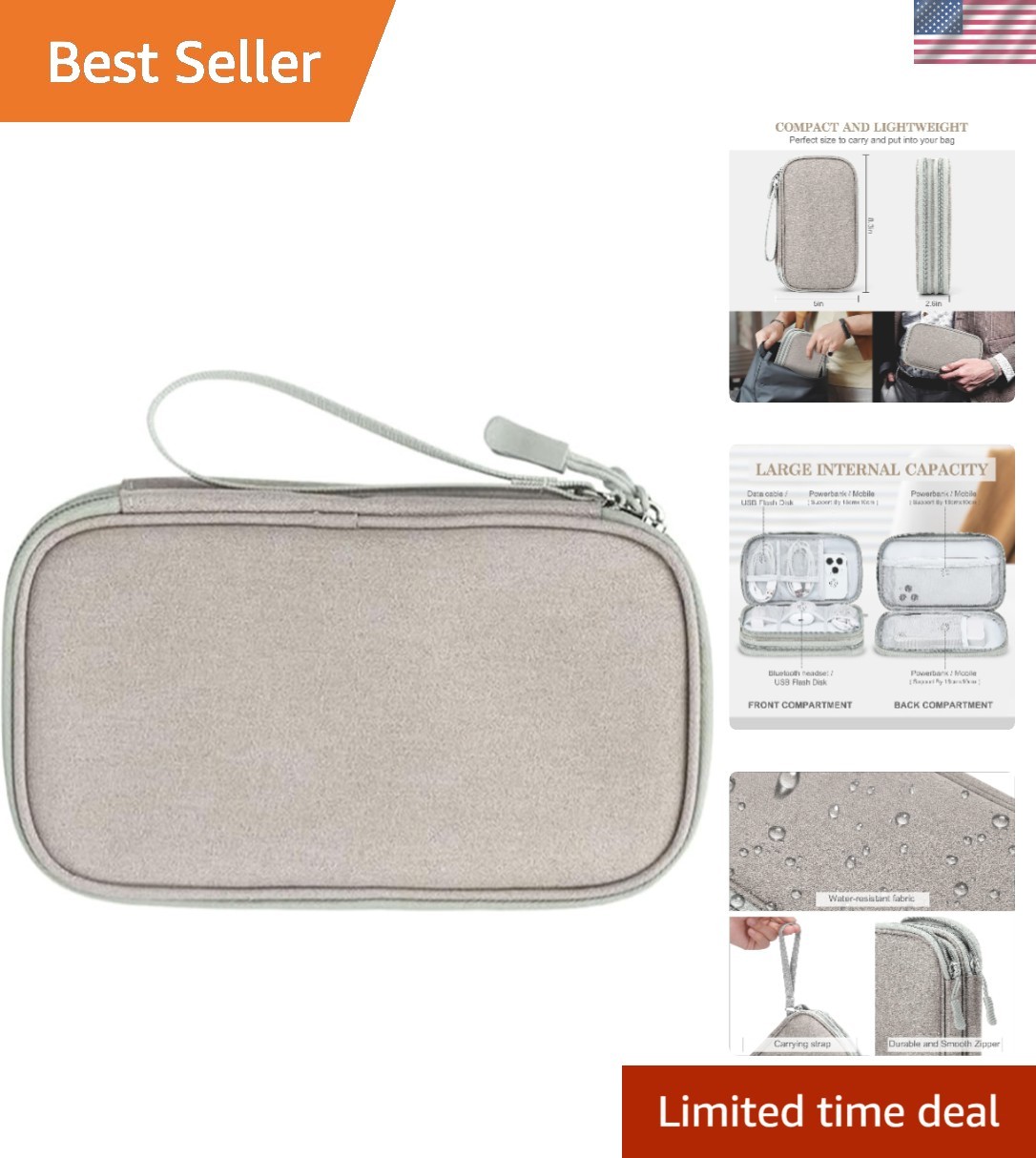 Compact and Lightweight Electronic Organizer Pouch for Cables & Gadgets - Khaki