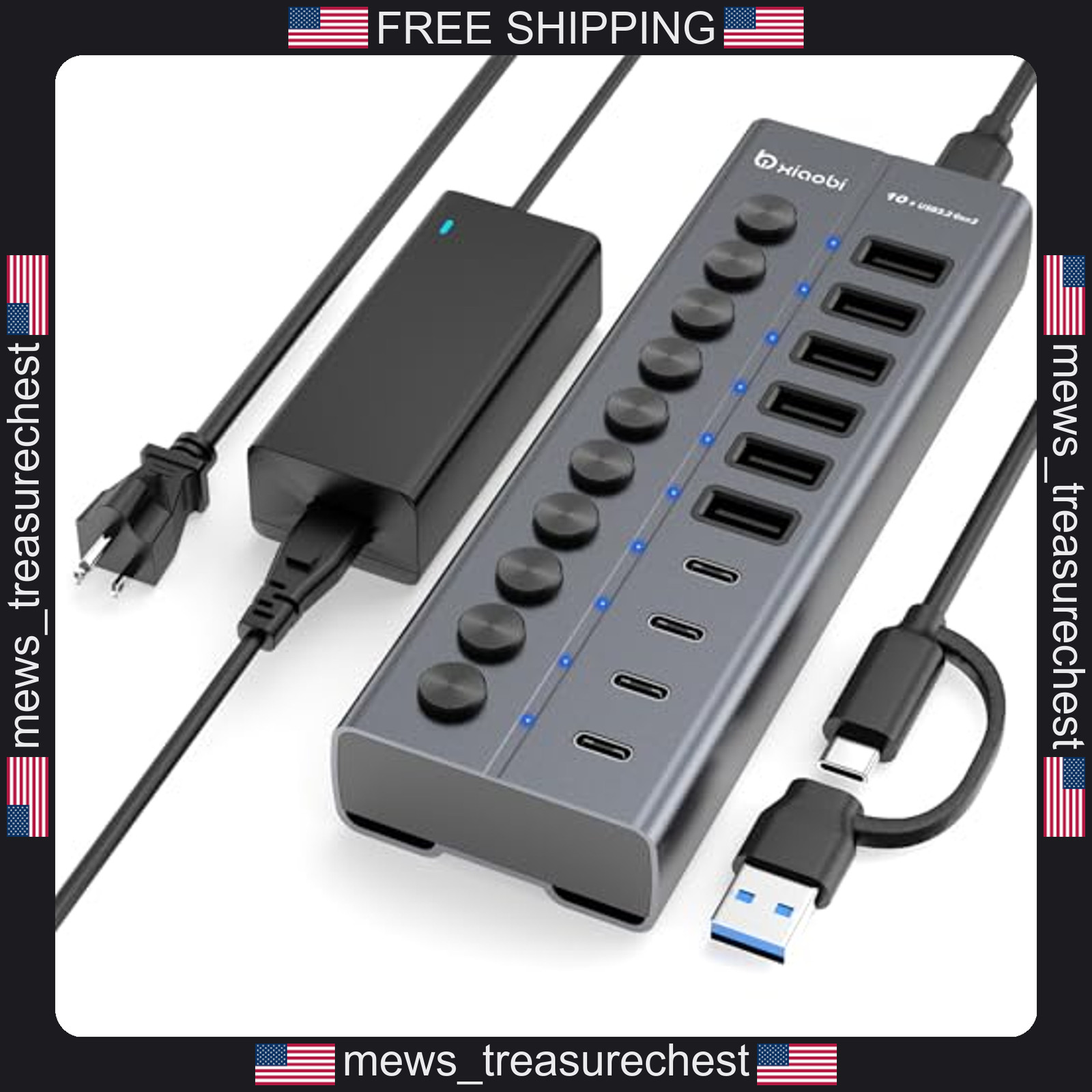 USB C Hub 10-in-1 with 6 USB-A 3.2 and 4 USB-C 3.2 Ports for Laptops