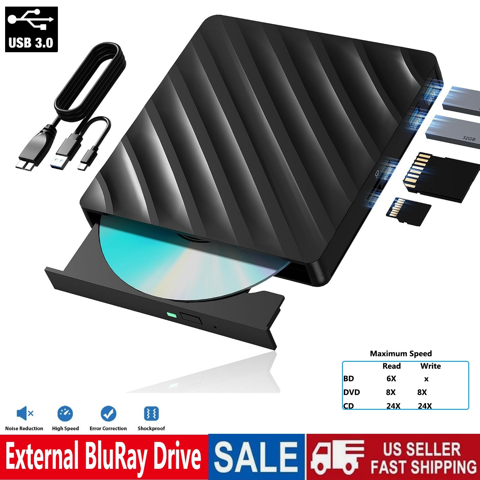 5-IN-1 External BluRay Drive USB 3.0 BD/CD/DVD Writer Burner For Laptop PC Mac