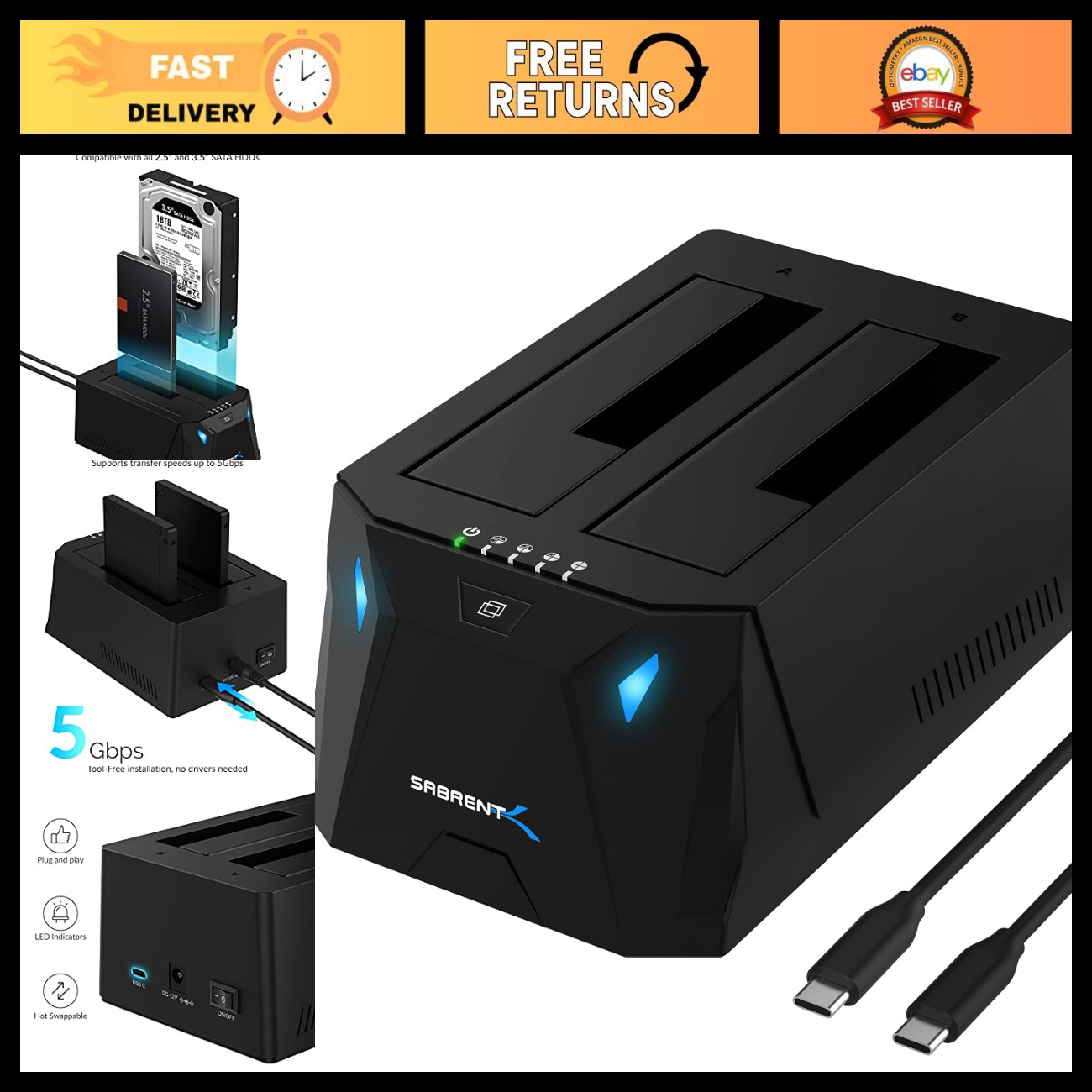 Dual-Bay USB-C Hard Drive Docking Station & Cloner for HDD/SSD - Fast Data Trans