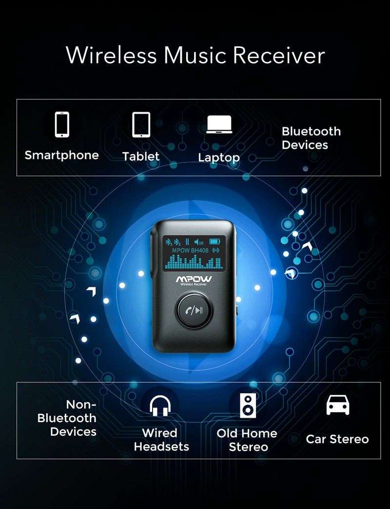 BLACK - MPOW WIRELESS BLUETOOTH RECEIVER 3.5MM AUX IN