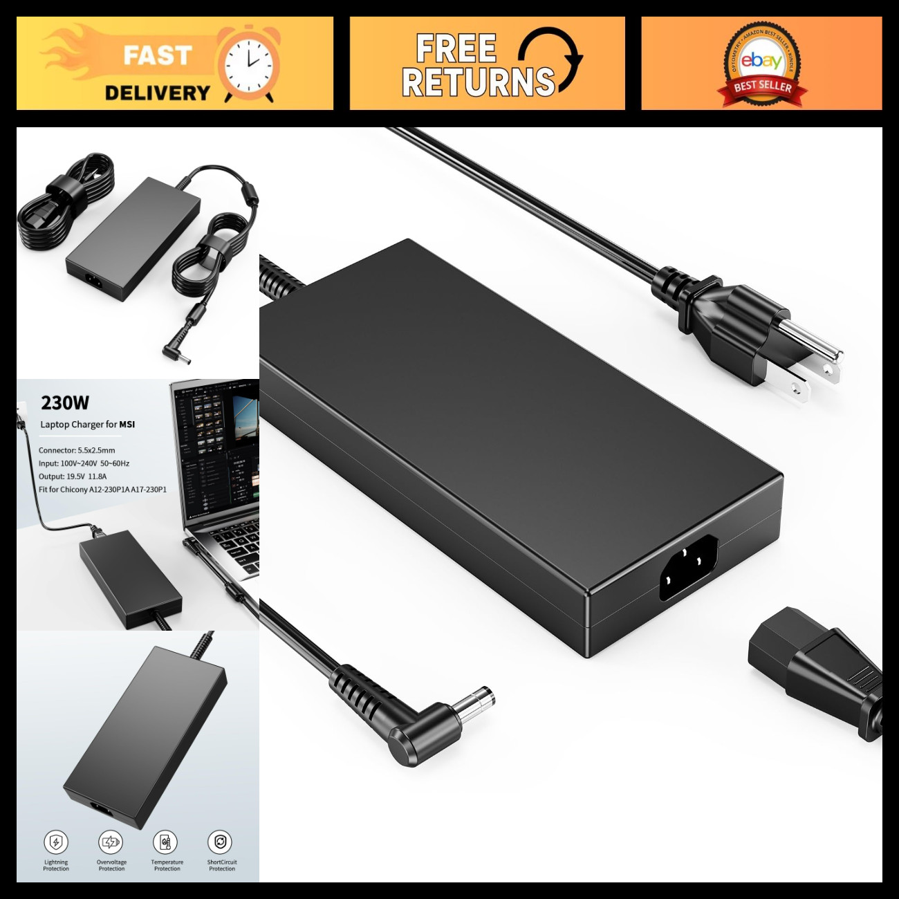 180W 230W 5.5mm Universal Laptop Charger for Gaming & Workstations, Compatible w