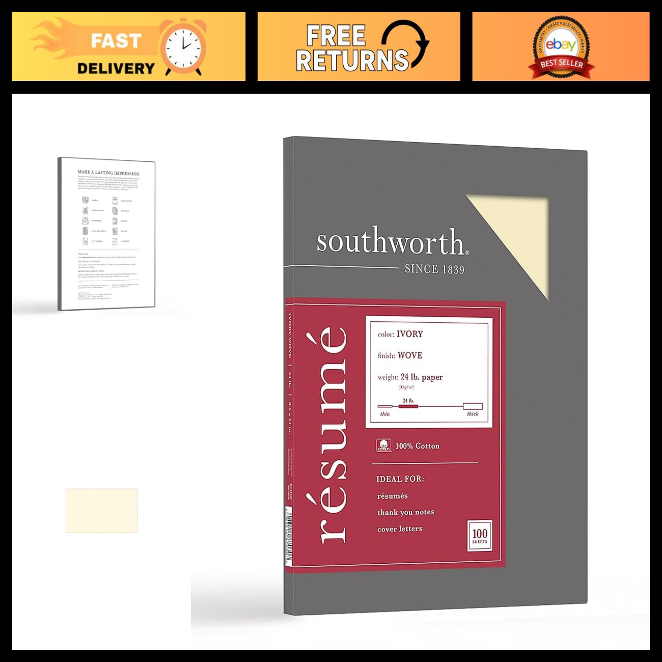 100% Cotton Résumé Paper 8.5"x11" 24lb Ivory 100% Recycled Pack of 100 Sheets