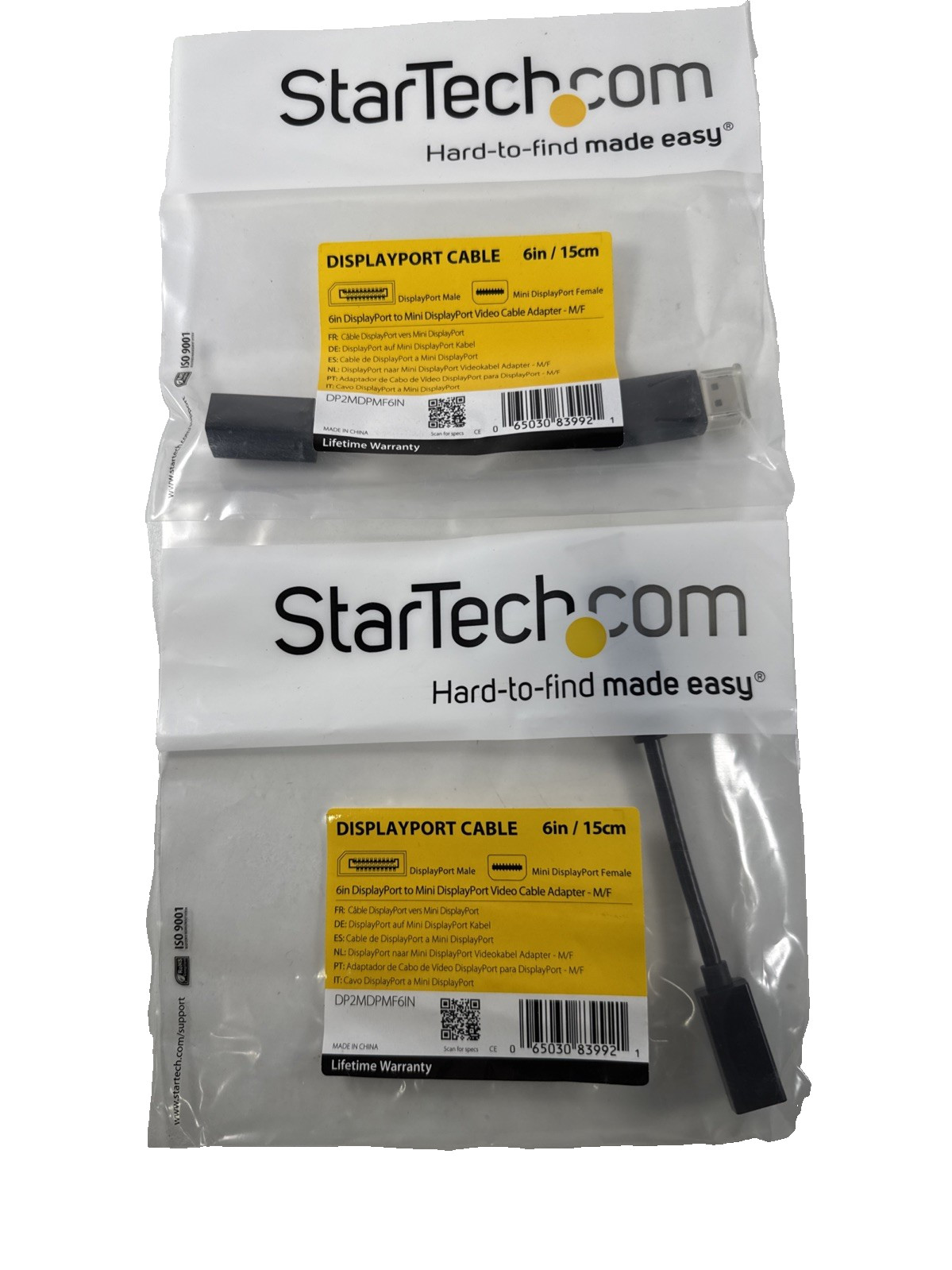NEW 2X StarTech DP2MDPMF6IN 6" 15cm DisplayPort to Mini DisplayPort Adapter