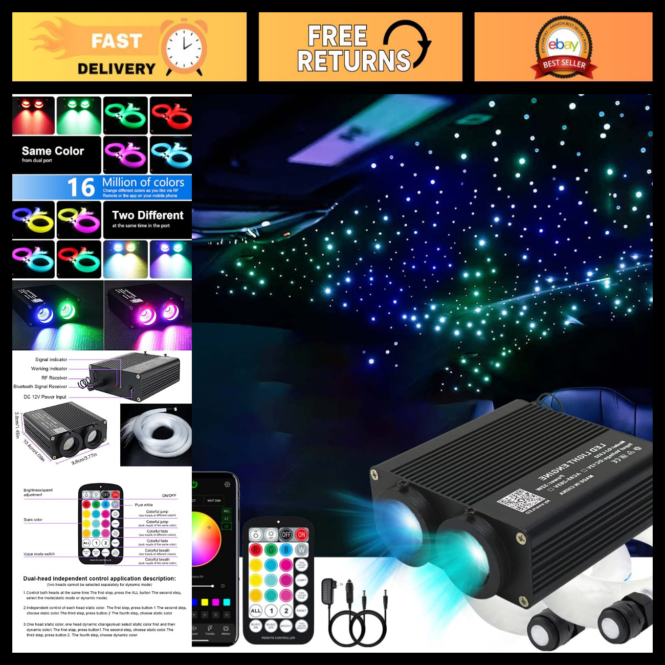 Dual Color 32W Fiber Optic Starlight Headliner Kit, 400pcs, Sound-Activated, Blu
