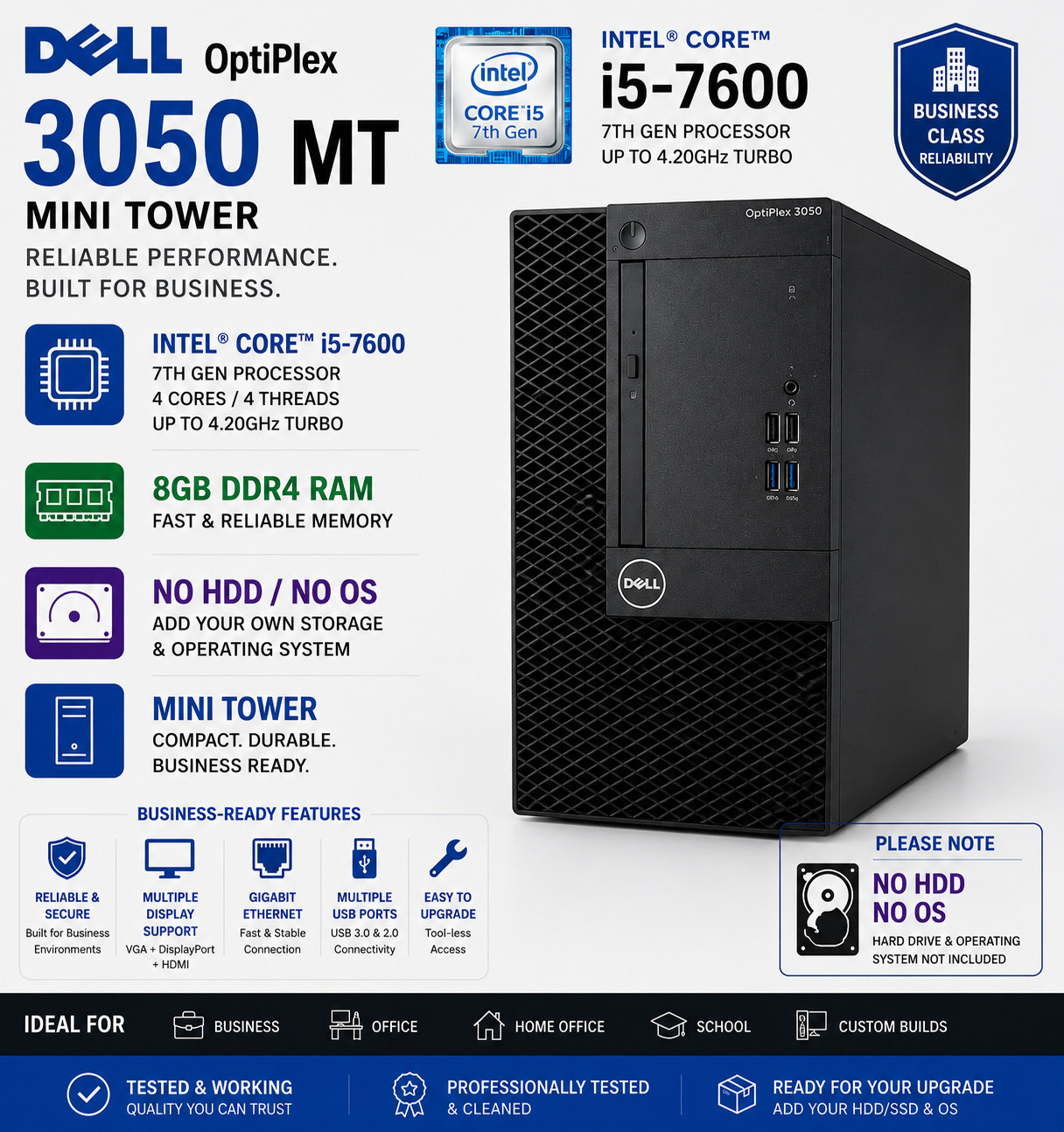 Dell OptiPlex 3050 MT i5-7600 8GB DDR4 No HDD No OS Mini Tower PC Tested