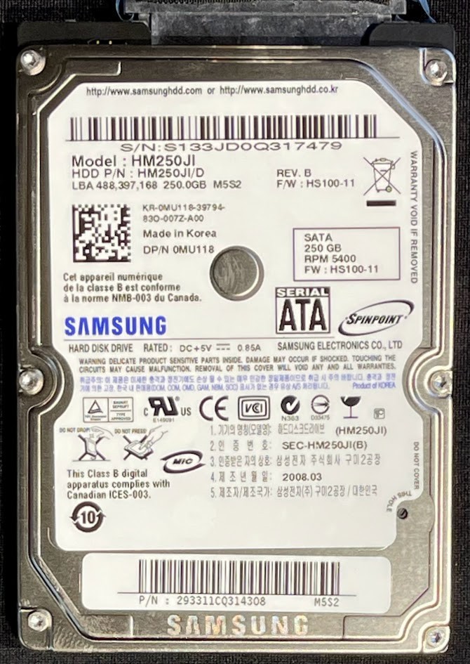 Samsung SpinPoint 250GB 2.5" 5400RPM SATA Hard Drive / HM250JI / MU118 / R380F