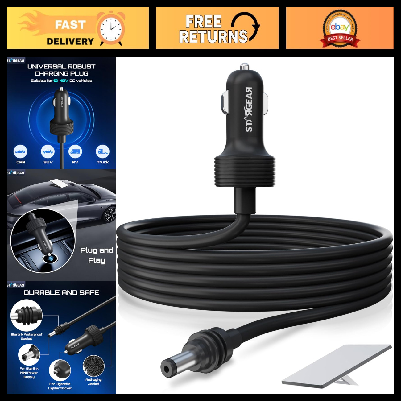 12V Power Cable 3M/10FT for Starlink Mini, 16AWG Car Charger Adapter, DC Cord