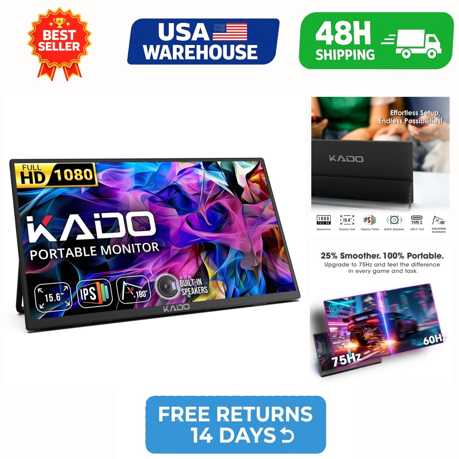 Kado 15.6" Portable Monitor FHD 1080p IPS 75Hz USB-C Mini-HDMI