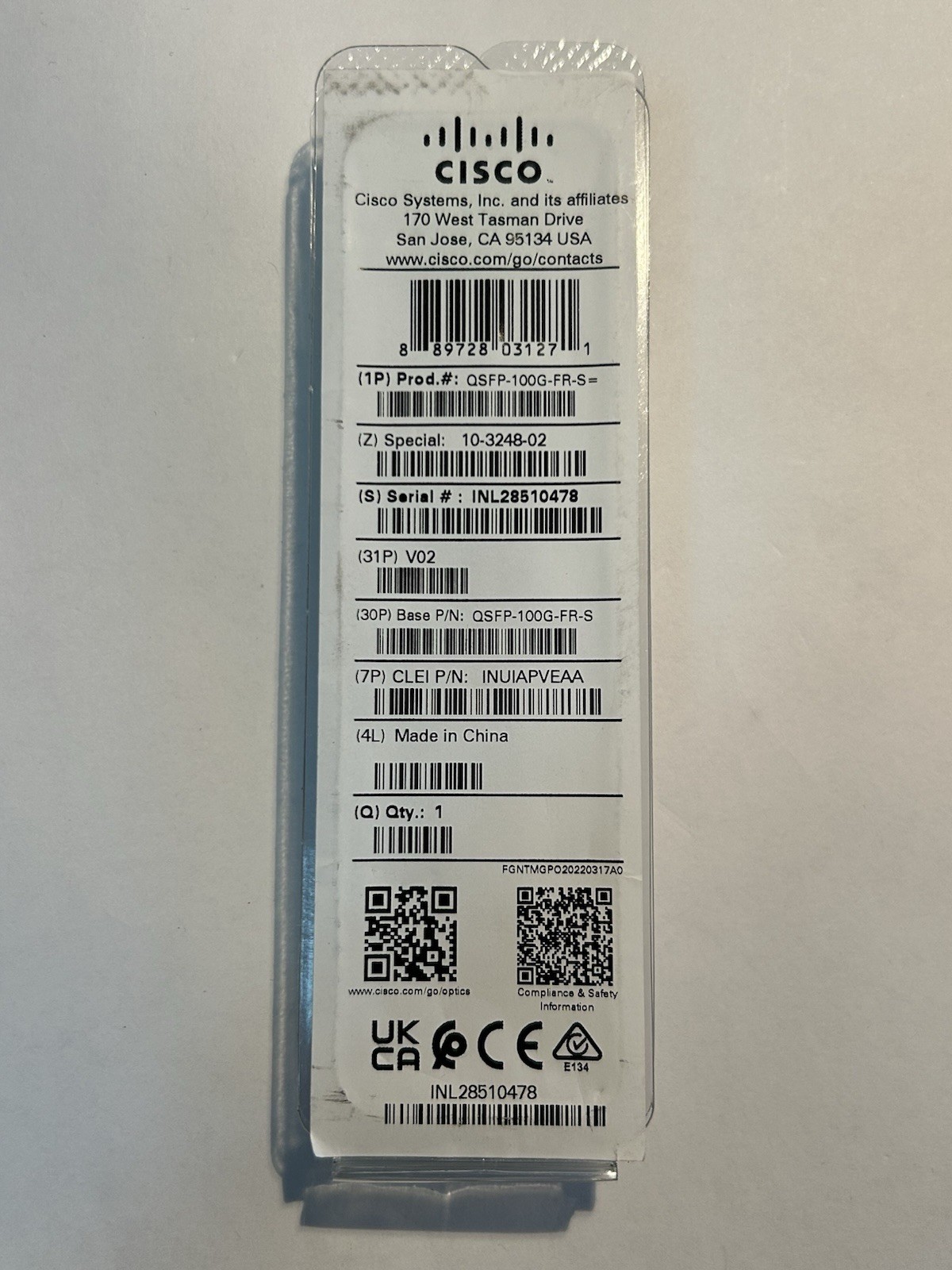 Cisco QSFP-100G-FR-S 100GBASE-FR QSFP28 2kmSMF Transceiver New In Clam w/Holos