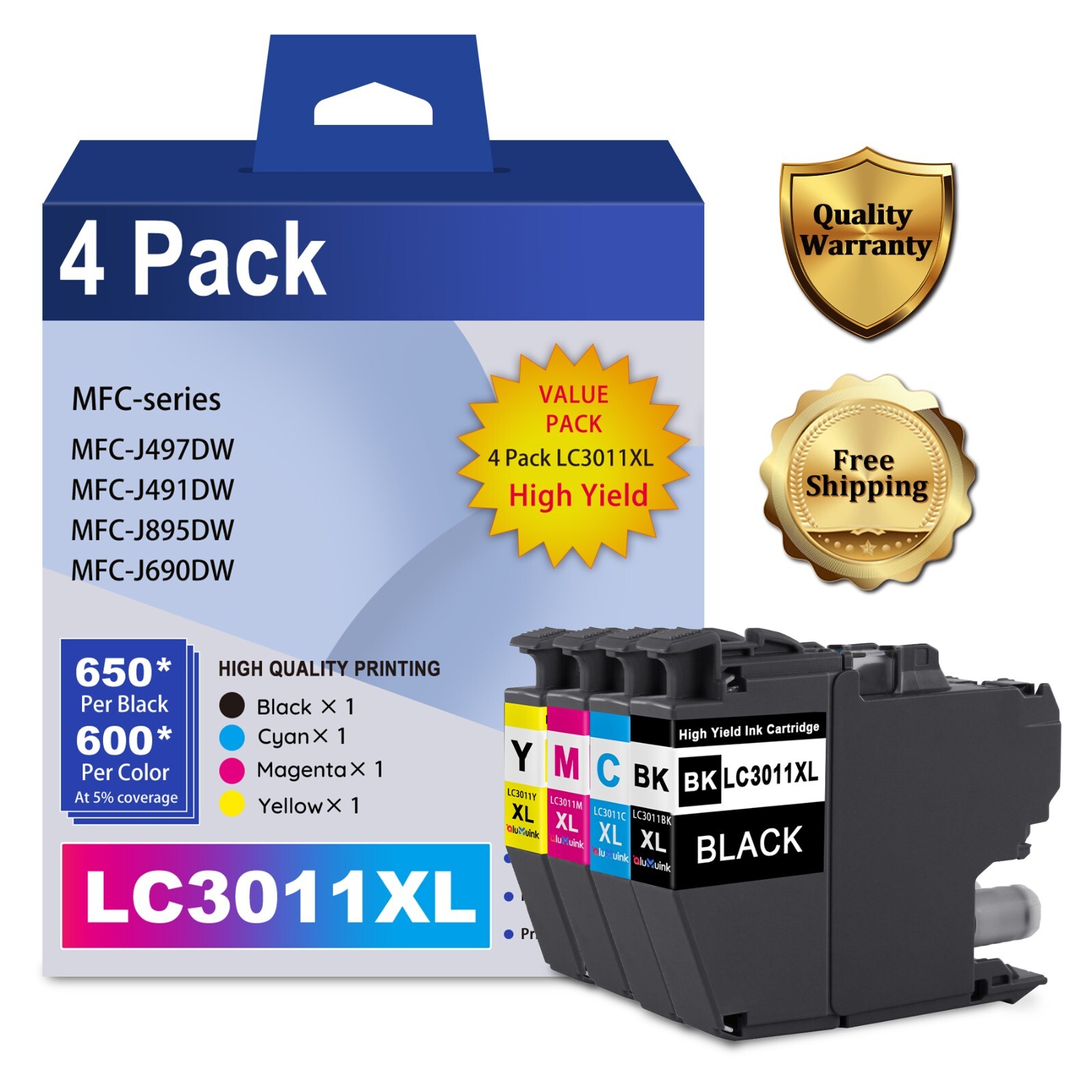 High Yield LC3011XL Ink 4PK for Brother MFC-J497DW J491DW