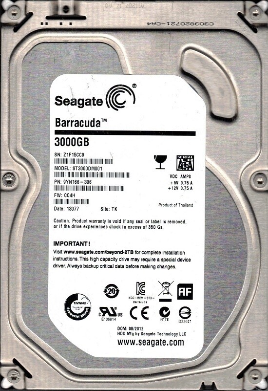 Seagate ST3000DM001 P/N: 9YN166-306 F/W: CC4H TK Z1F 3TB