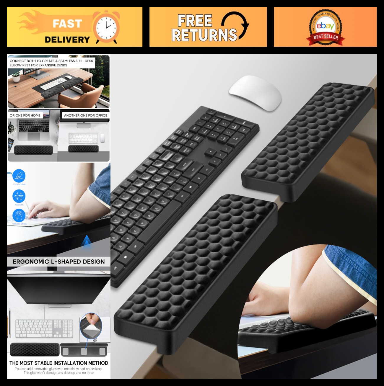 Ergonomic L-Shaped Desk Elbow Pad - Memory Foam Support Cushion, 2 Pack, Non-Sli