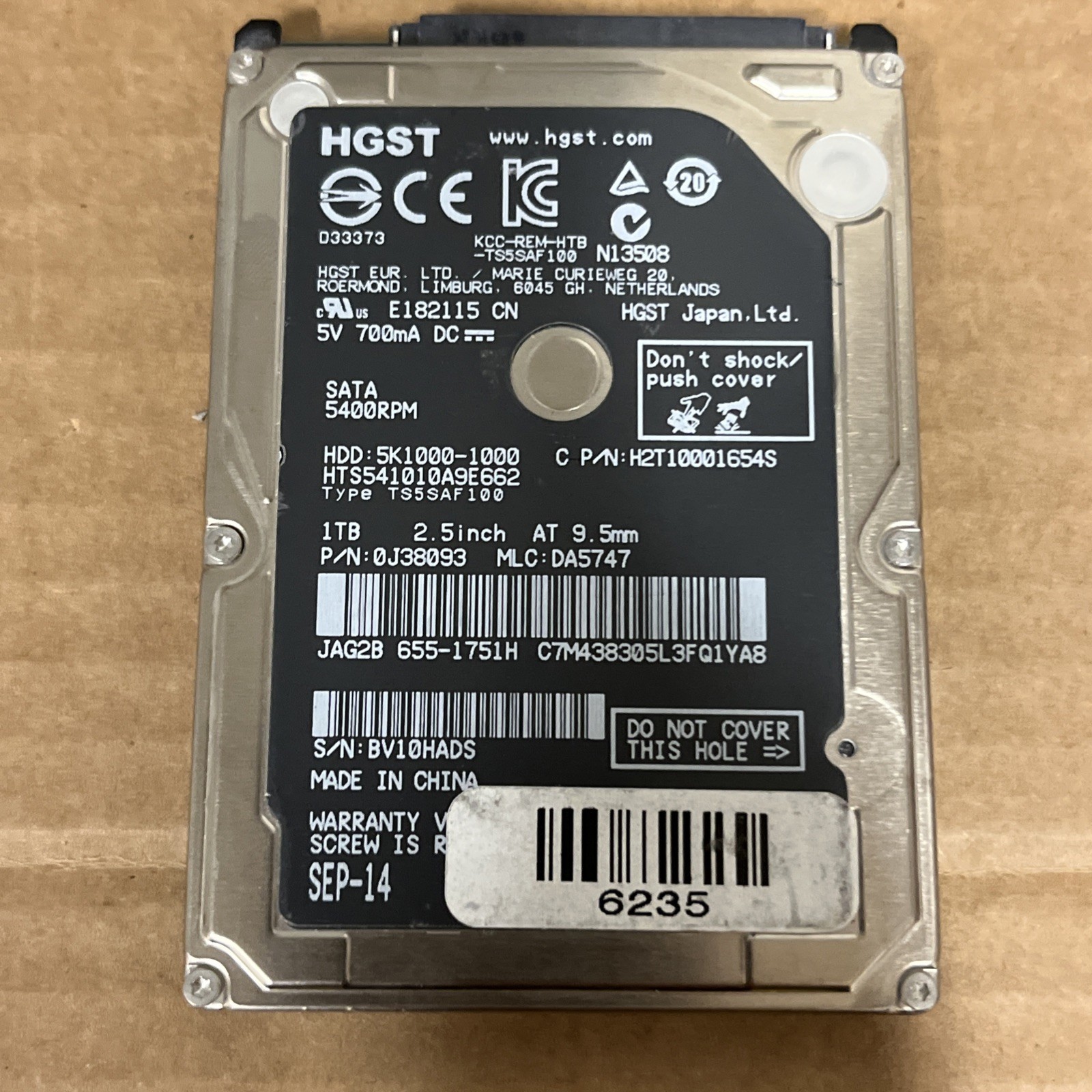 HGST 1TB HTS541010A9E662 SATA / 8MB Cache 5400RPM TS5SAF100 Laptop HDD