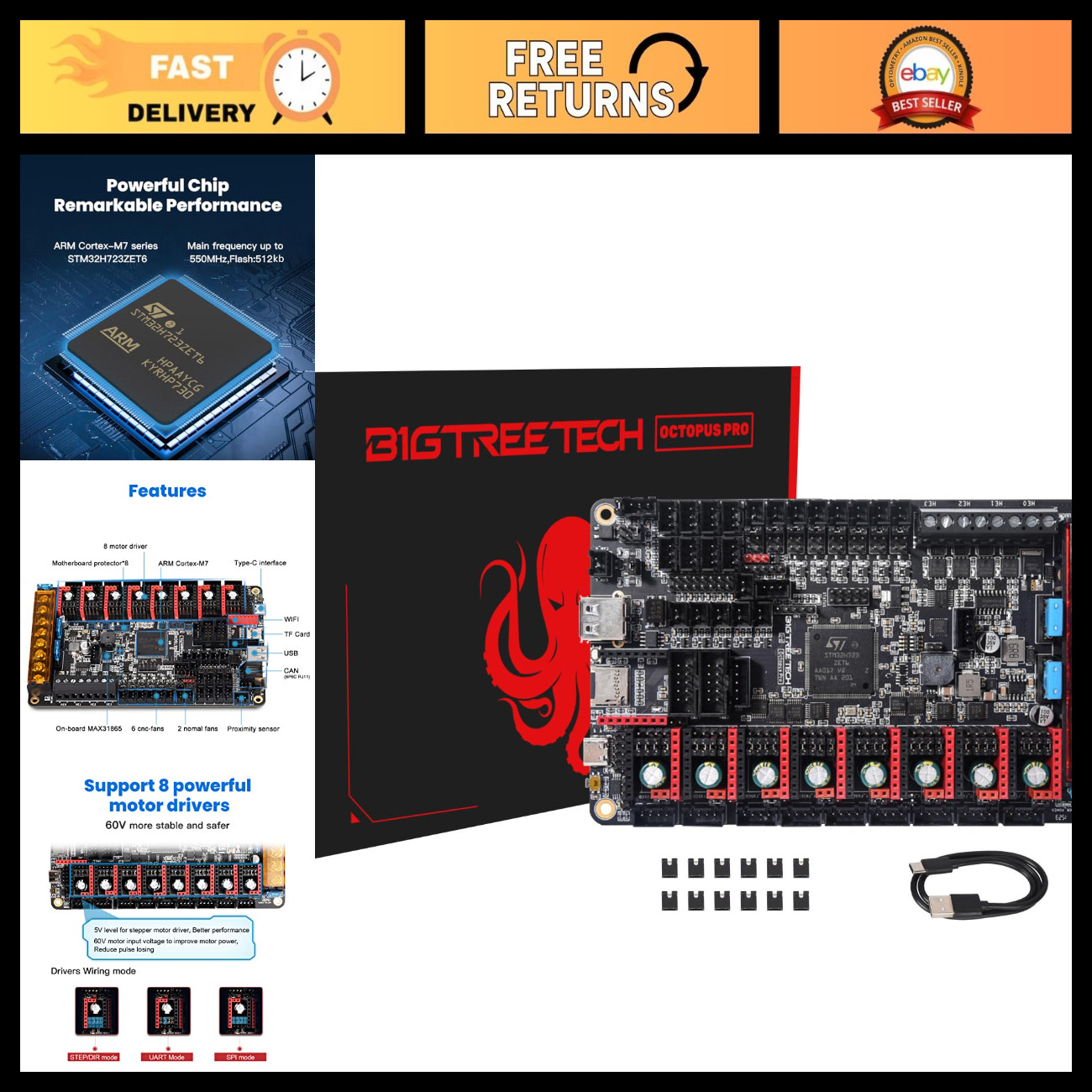 32Bit Control Board for 3D Printer - Klipper/Marlin Compatible, 550MHz, Octopus