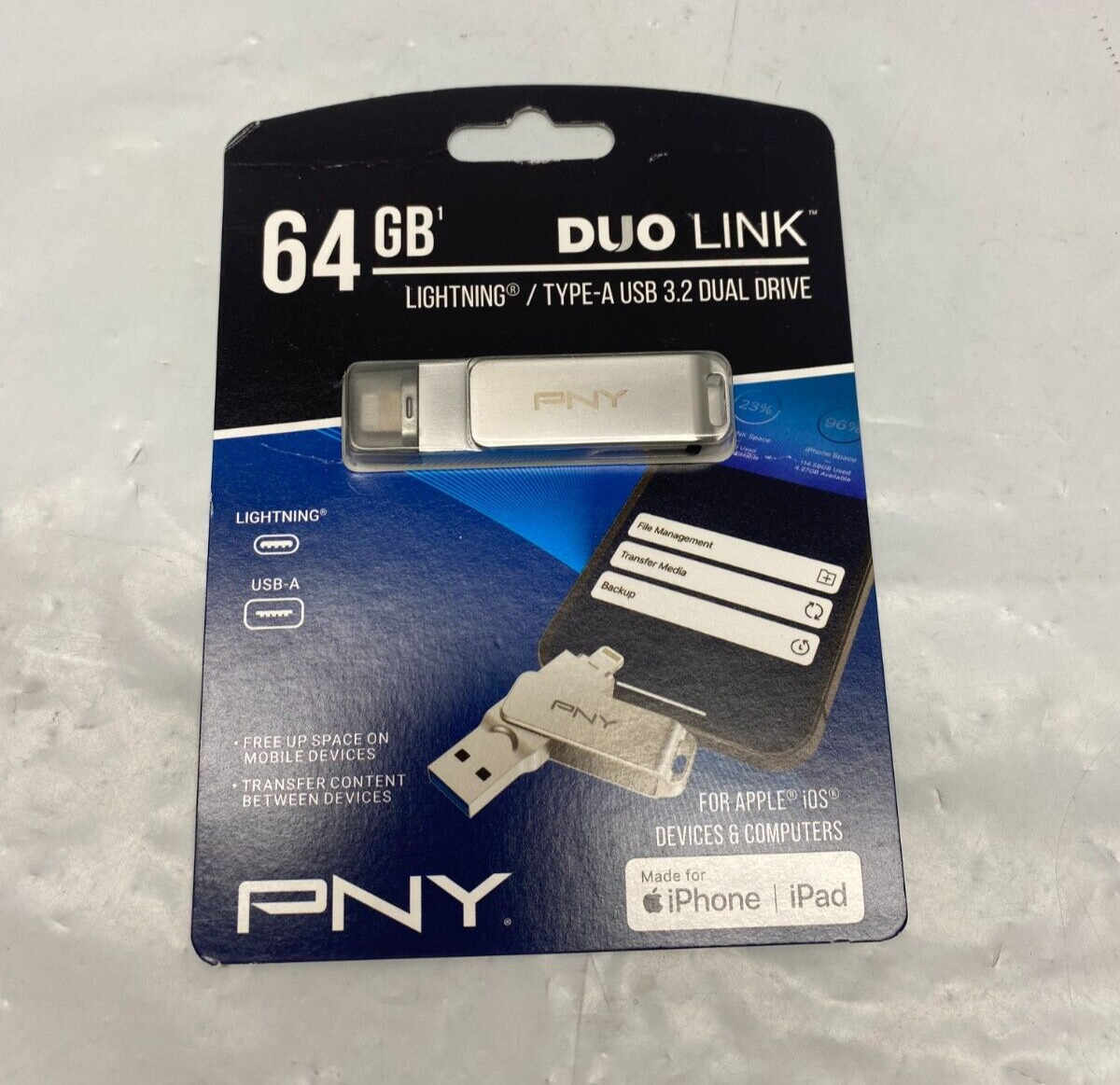 PNY 64GB DUO LINK iOS USB 3.2 Dual Flash Drive - P-FDI64GDULINKLGTWM-GE