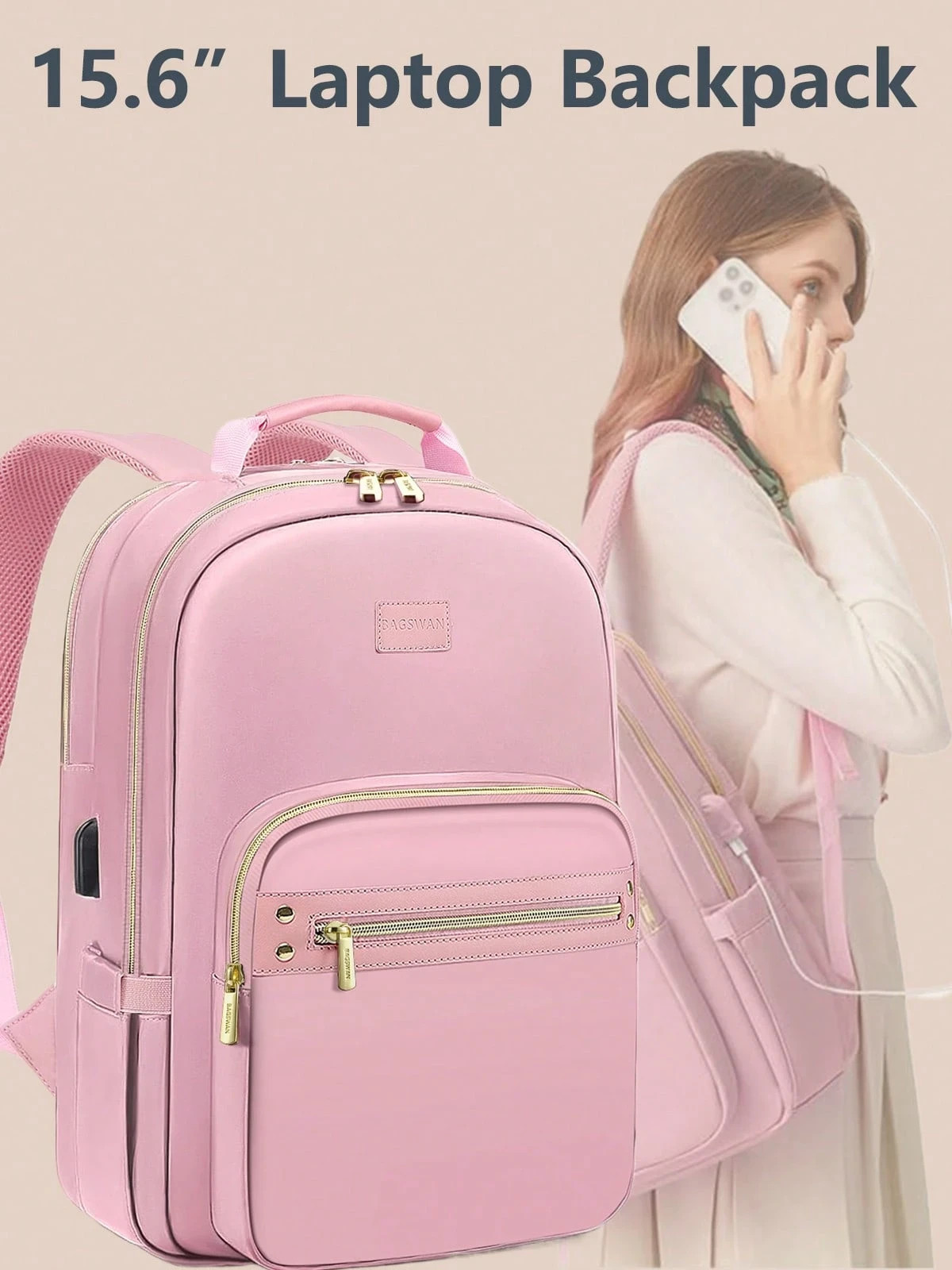 Cute Pink Women Laptop Backpack 15.6" Waterproof School Bookbag