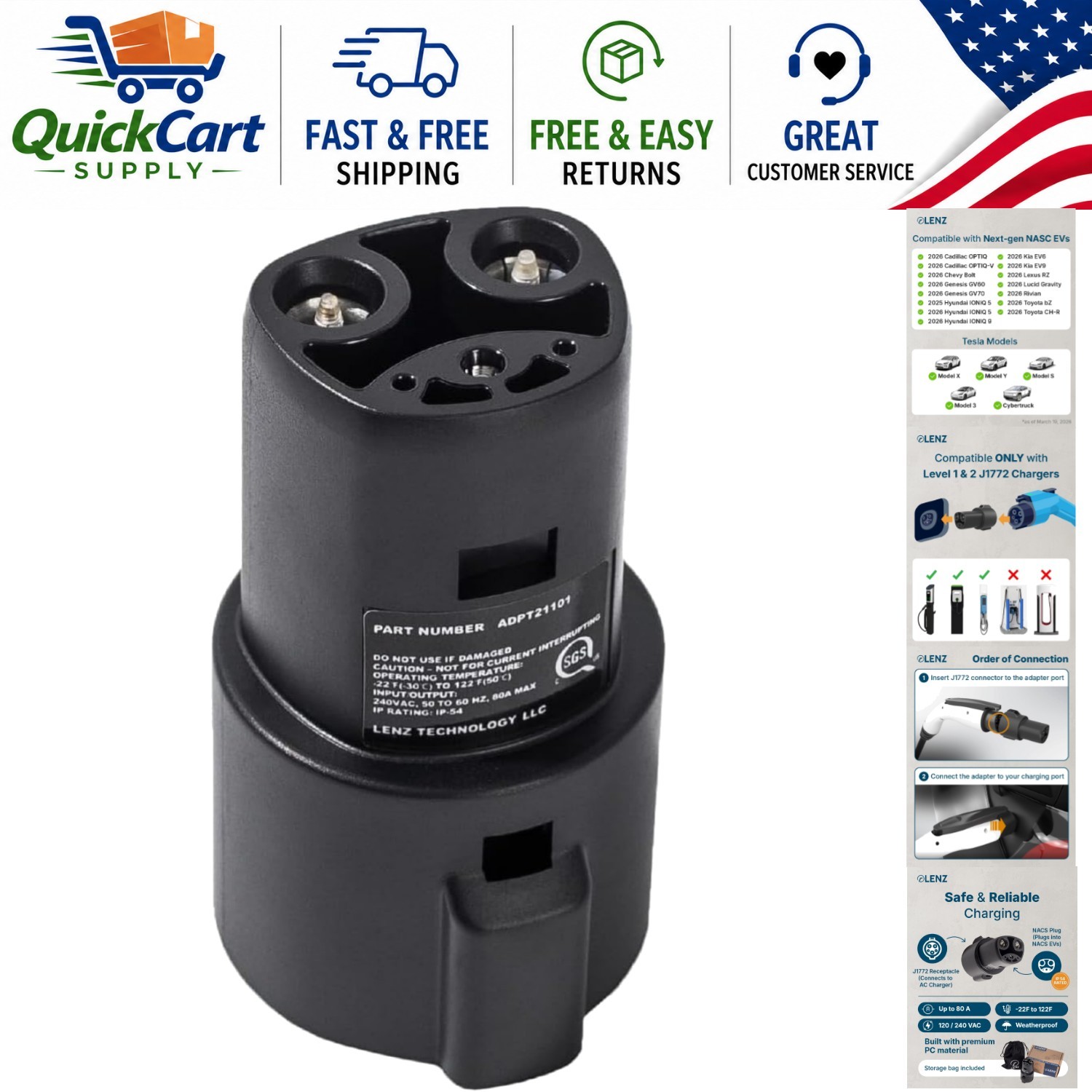 Compact J1772 to NACS Charging Adapter - 80A for Tesla & NACS EVs,  Certified