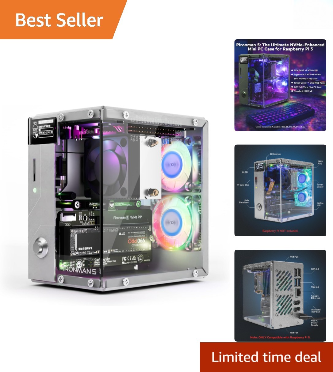 Pironman 5 Mini PC Case for Raspberry Pi 5 - Durable Aluminum, Dual RGB Fans