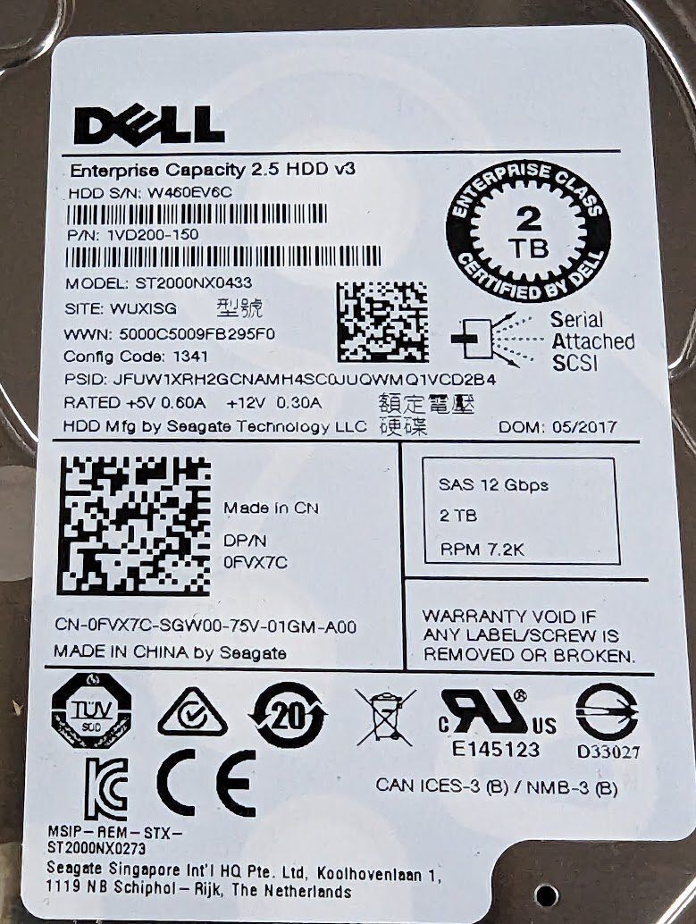 FVX7C 0FVX7C for Dell ST2000NX0433 2TB 7.2K RPM 12Gb/s 2.5"SAS SERVER Hard Drive