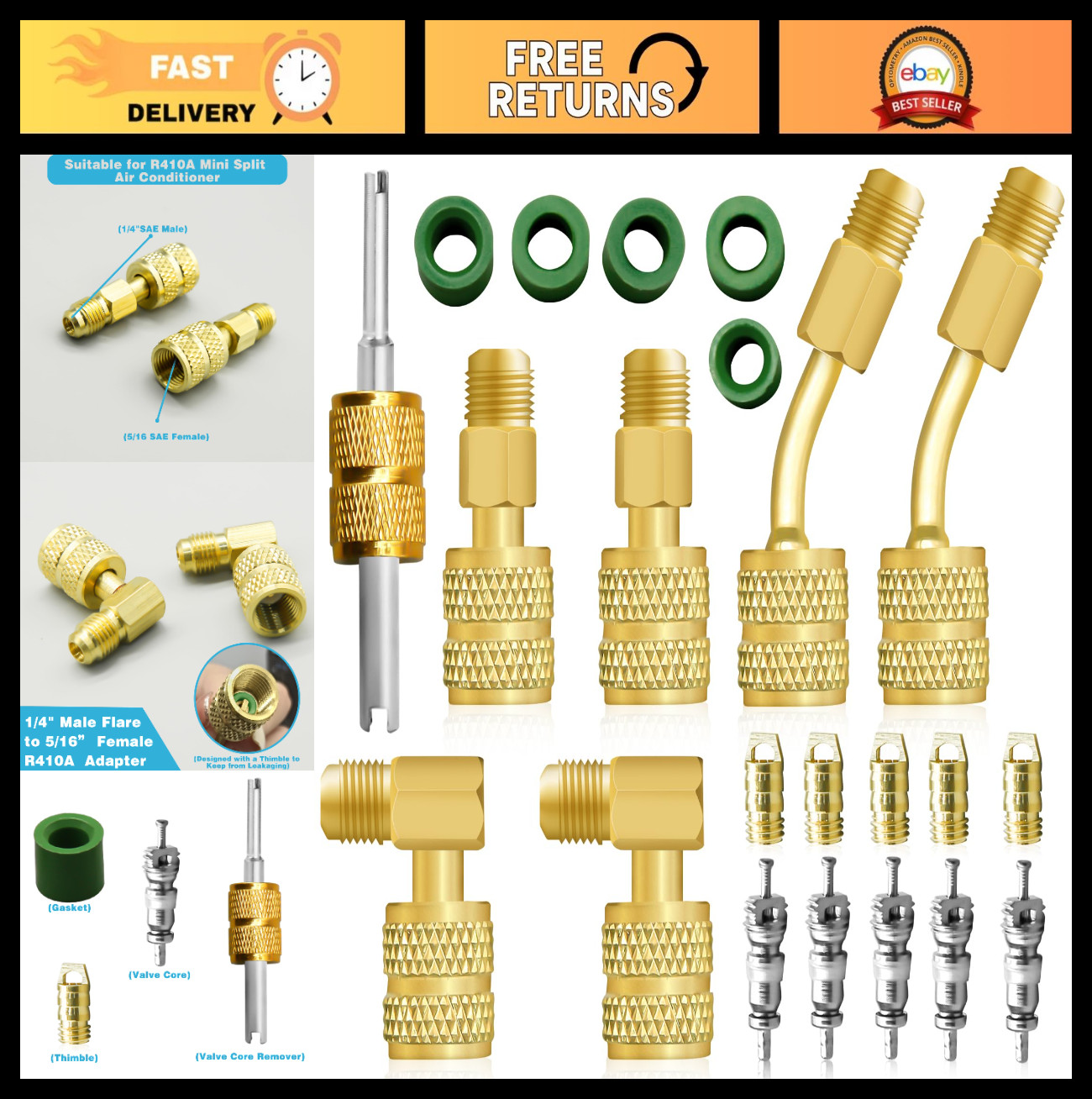 R410A Mini Split Adapter Kit, 5/16 to 1/4 Coupler, Refrigerant Hose Connector, V
