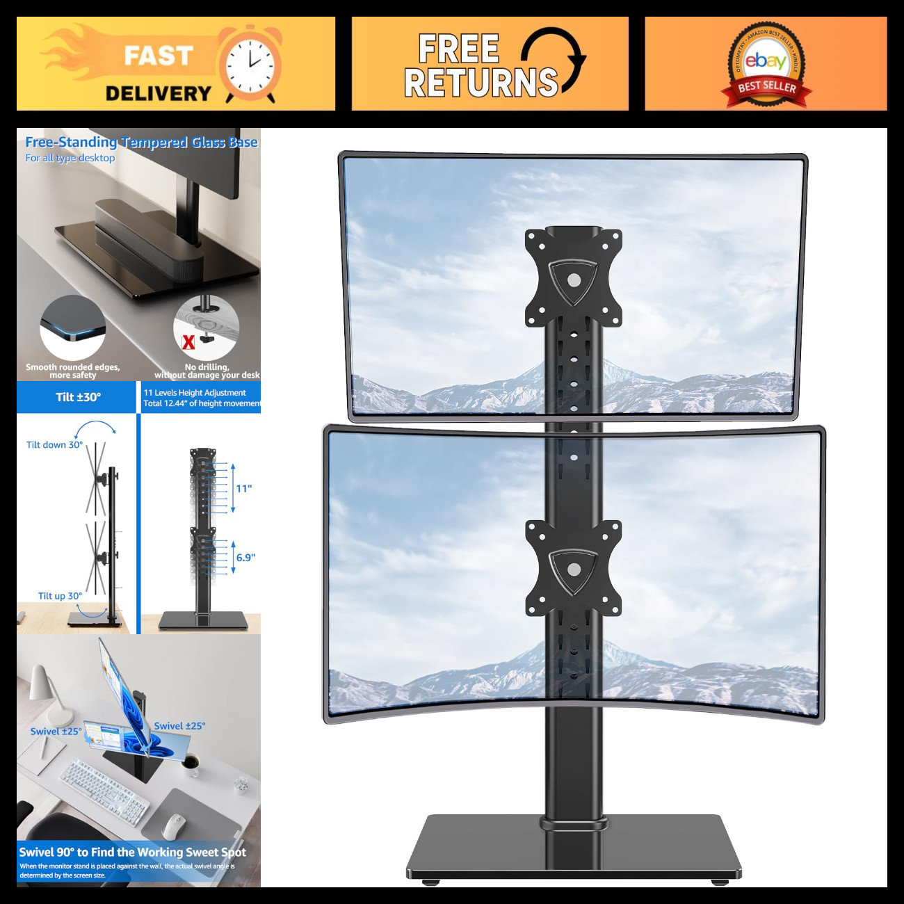 Dual Monitor Stand for 32" Screens, Height Adjustable, Free-Standing VESA Mount,