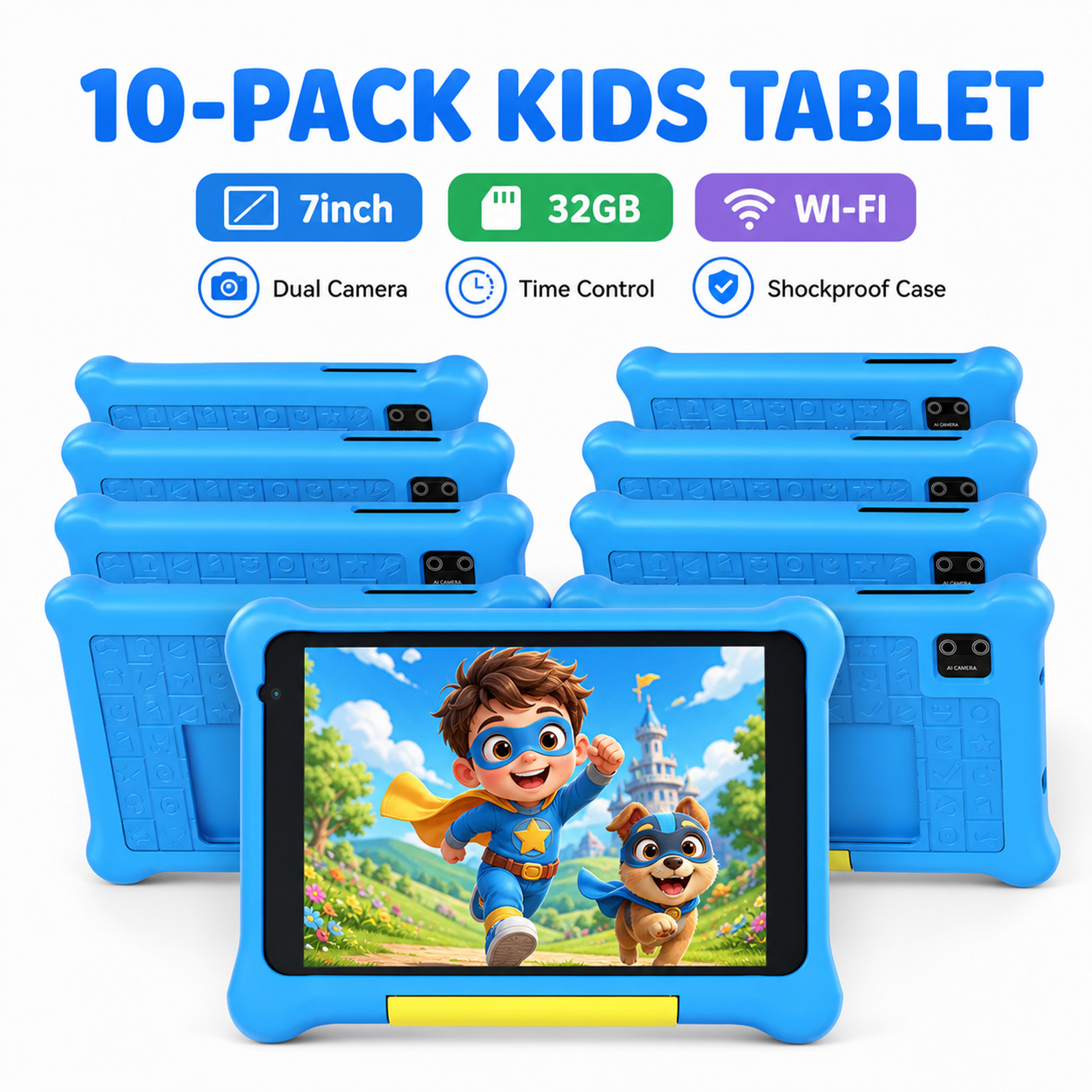 10PCS Blue Kids Tablet 7" IPS HD 32GB For 3-12Year With Shockproof Dual Camera