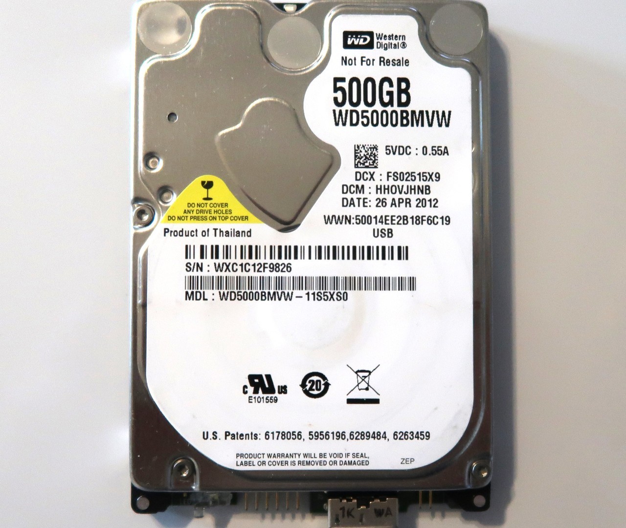 Western Digital WD5000BMVW-11S5XS0 HH0VJHNB (WXC1) Thailand 500gb USB APR-2012