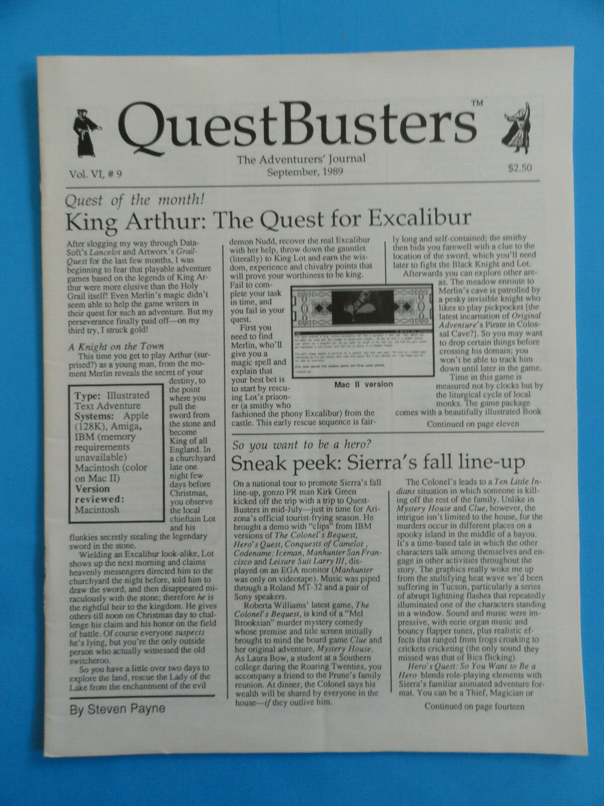 QUESTBUSTERS SEPT. 1989 VOL. VI, #9 KING ARTHUR: THE QUEST FOR EXCALIBUR