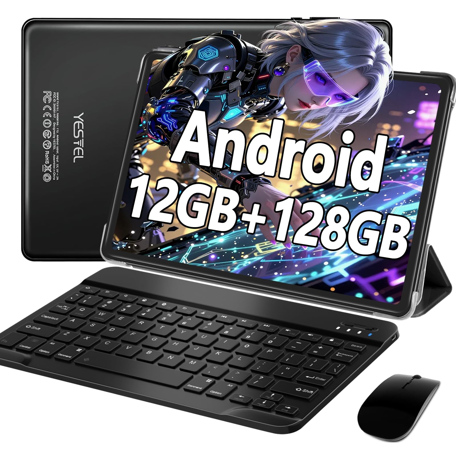 YESTEL 10.1 Inch Android 13 Tablet with Keyboard, Black