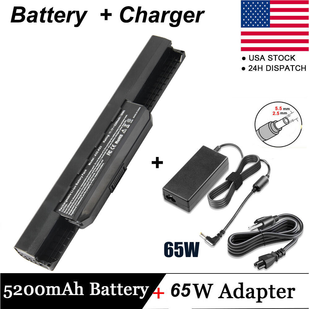 6 Cell Battery+65W Charger for Asus A32-K53 A41-K53 for ASUS K53 K53E X54C X53S