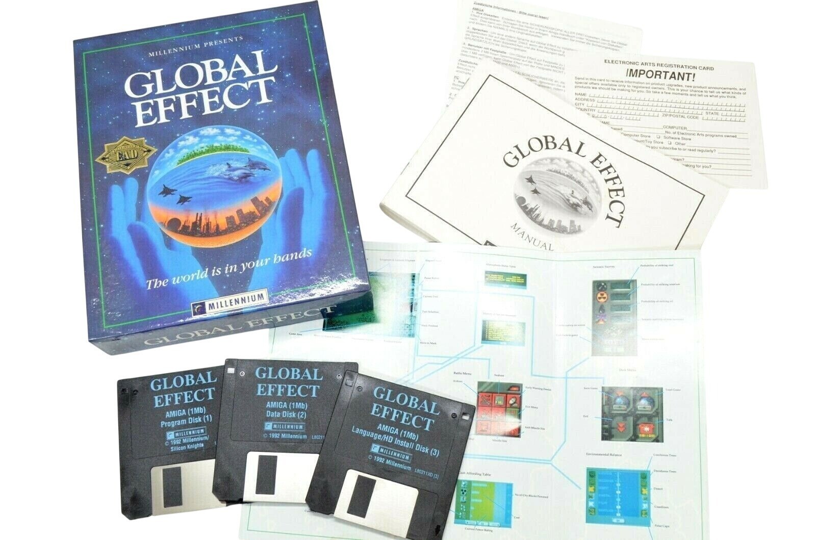 Amiga Global Effect Game Millenium Electronic Arts Manual 3 Disks U.K. Commodore