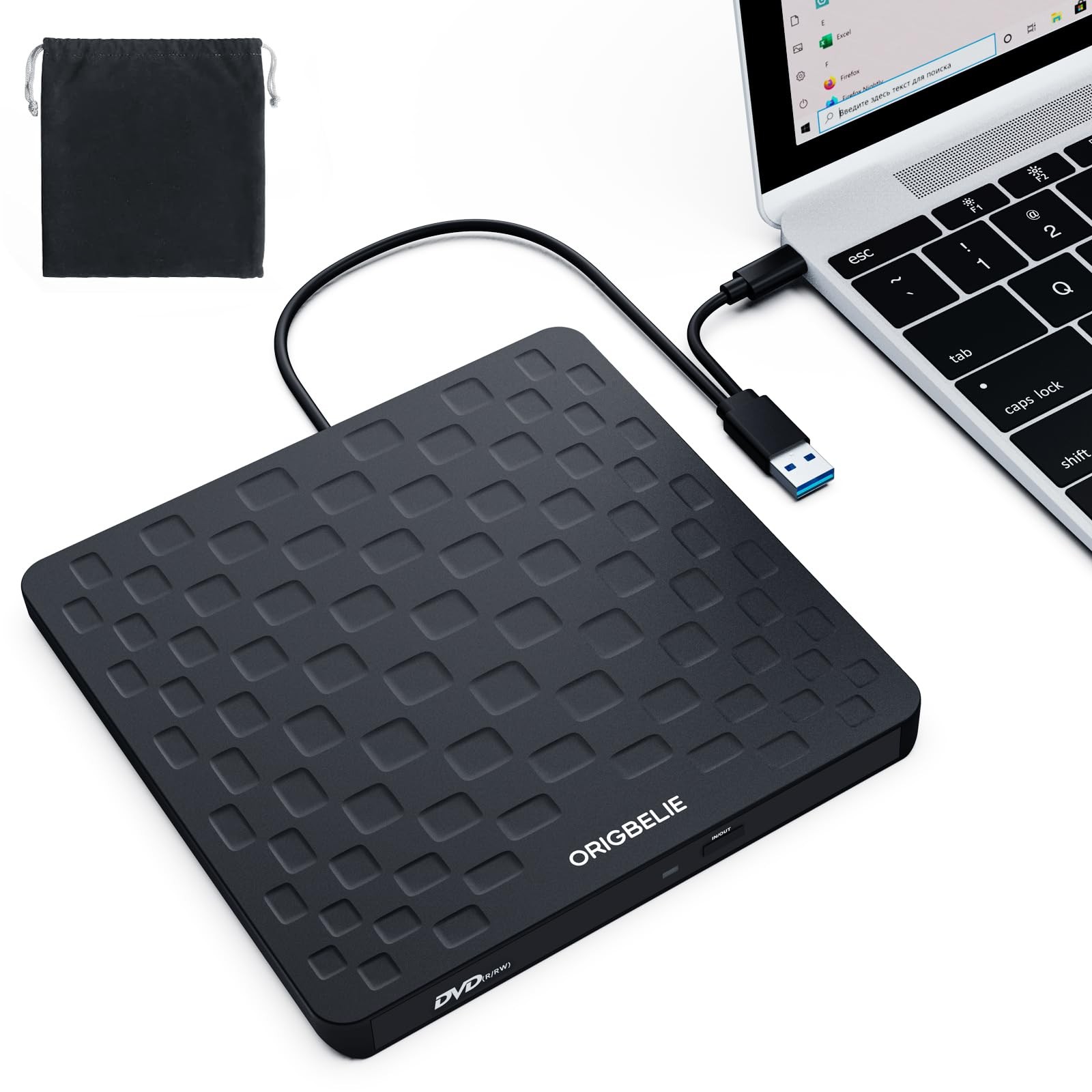 ORIGBELIE External CD DVD Drive for Laptop, USB 3.0 Type-C Ultra Slim Black