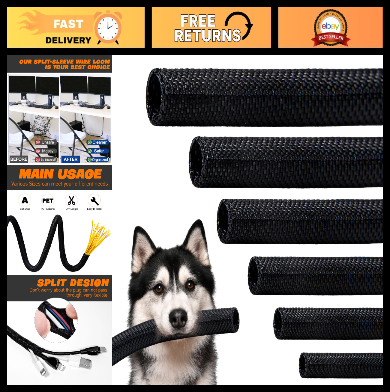 12ft Split Braided Cable Management Sleeve - High-Temperature Wire Loom, Cat Pro