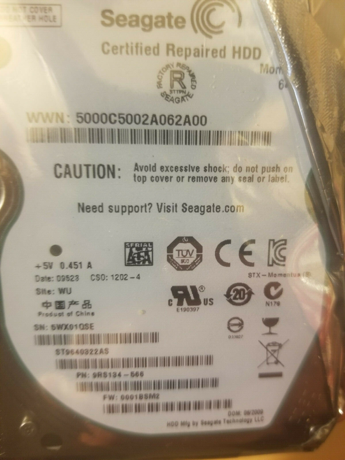Seagate ST9640322AS PN: 9RS134-566 FW:0001BSM2 WU 640GB SATA 2.5" HD