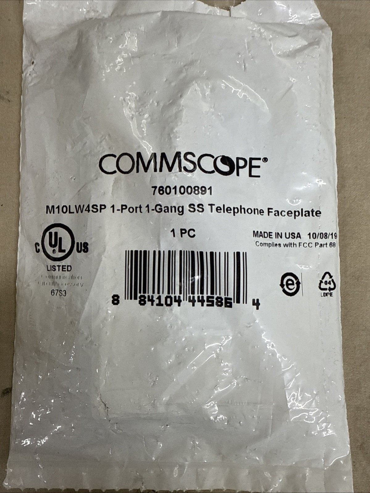Commscope M10LW45SP 1 Port 1 Gang SS Telephone Faceplate Stainless Steel