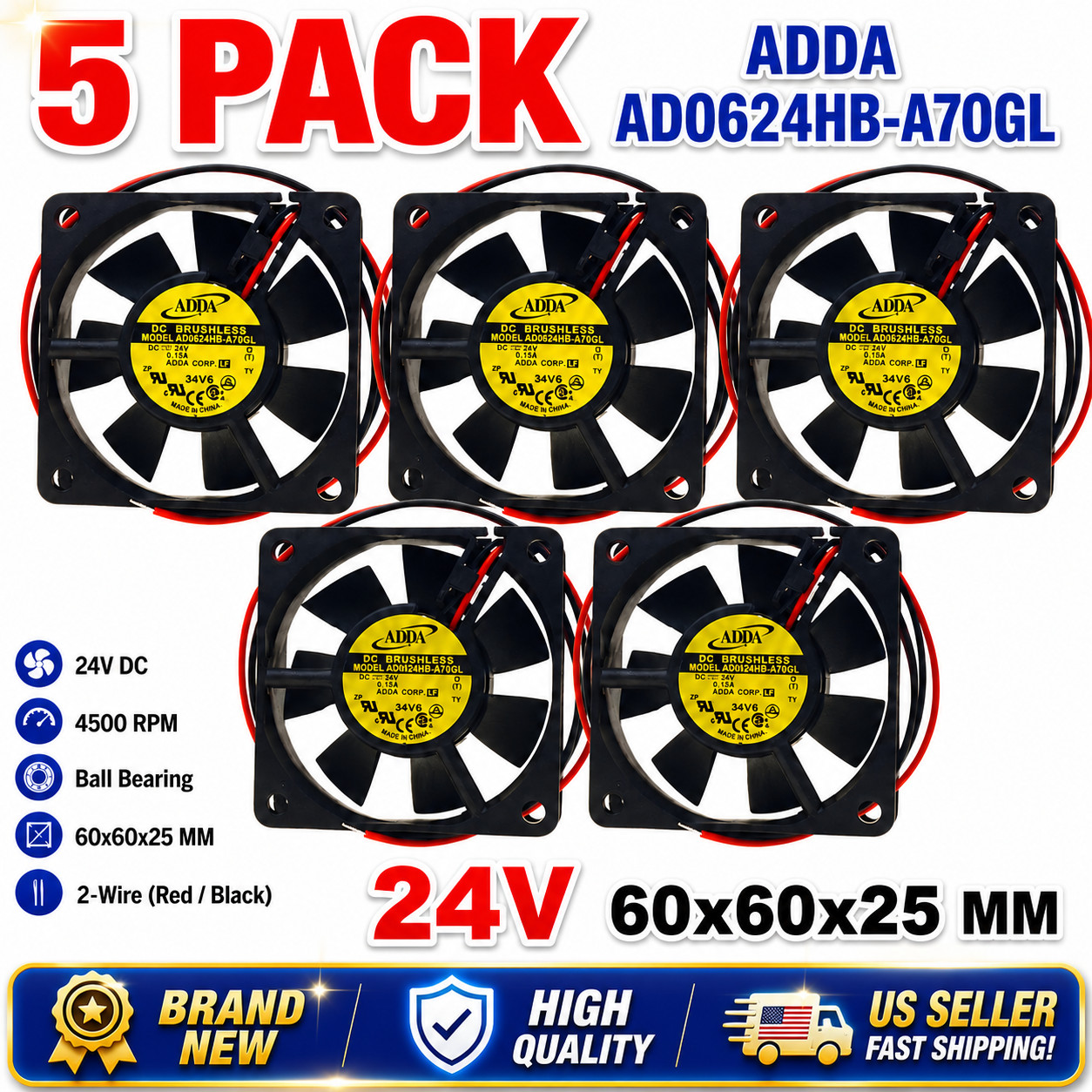 5-Pack 6025 24V High Speed Ball Bearing Cooling Fans 60x60x25mm 2-Wire