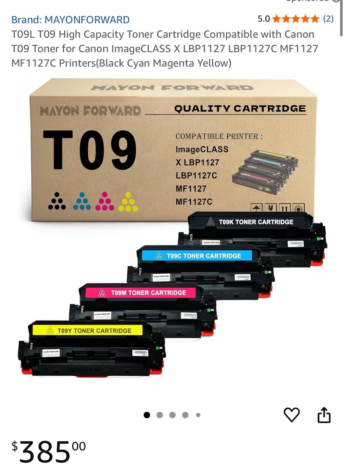 4pk for Canon T09 Complete Toner Set Black Cyan Magenta Yellow w/Chip Sealed