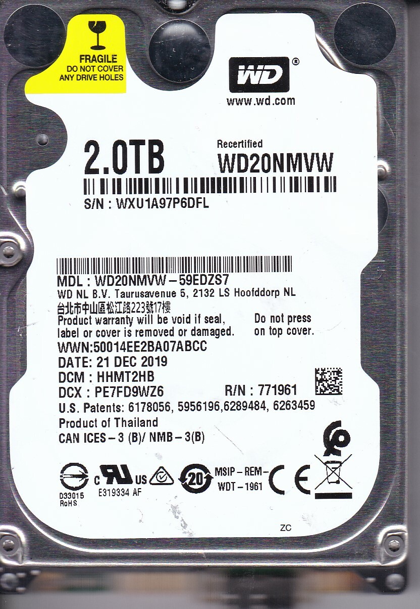 WD20NMVW-59EDZS7 dcm: HHMT2HB sn: WXU1A  DEC 2019 2TB USB 3.0 Western Digital