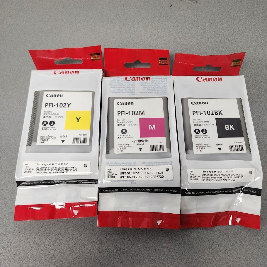 Lot of 3 Genuine Canon PFI-102 Ink Tanks Black Magenta Yellow 130mL iPF500 iPF70