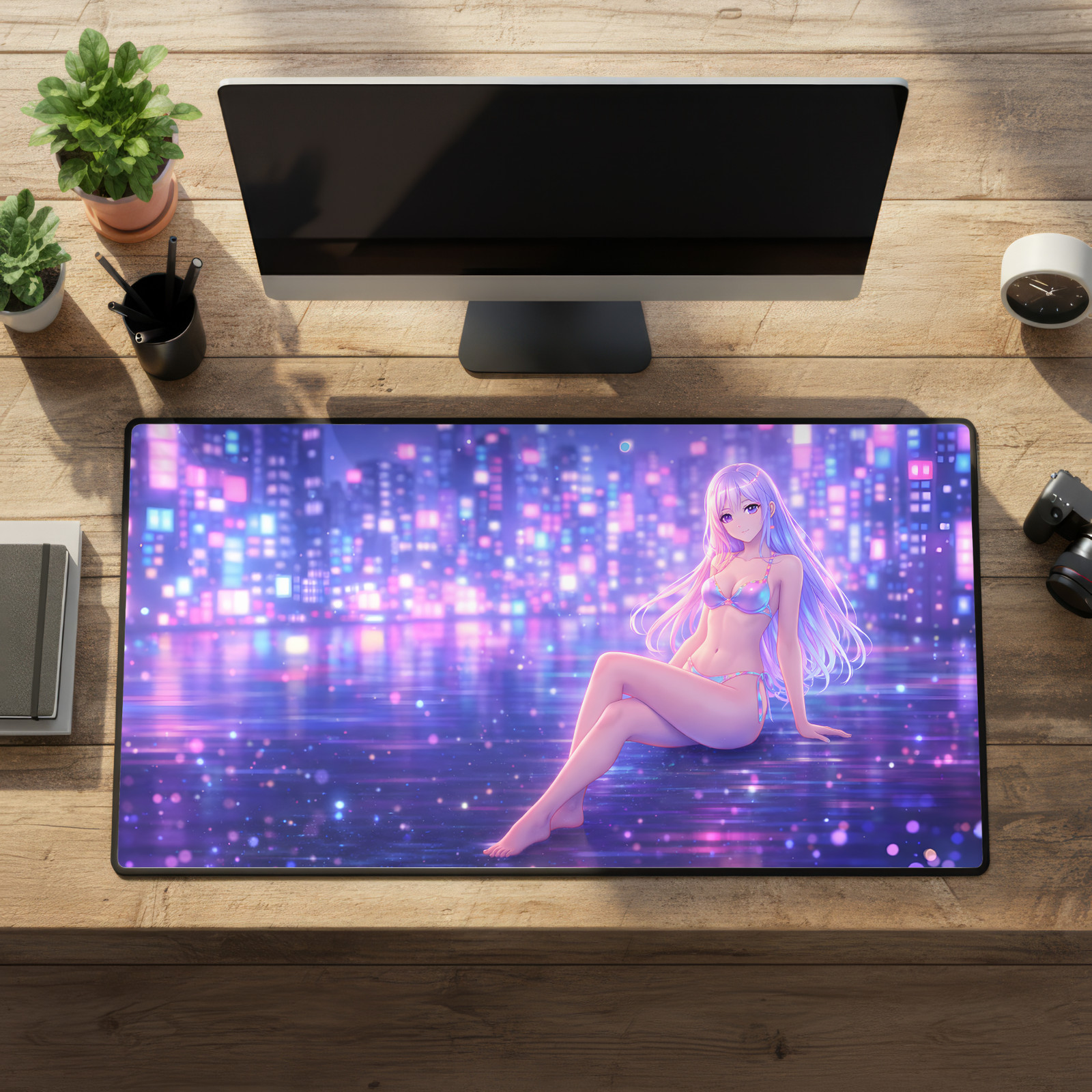 XL Neon Cyberpunk Gaming Desk Mat 16x32 Large Mouse Pad Non-Slip Stitched Edge