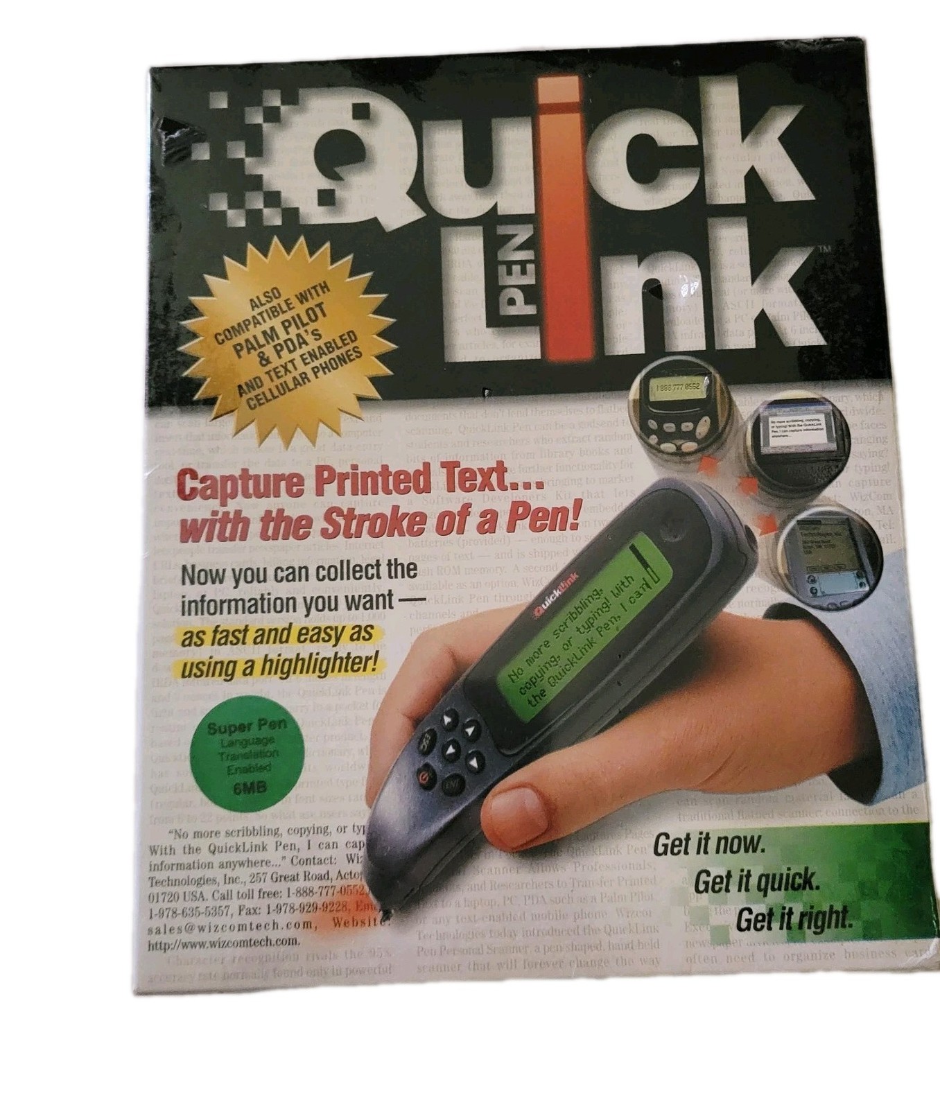 Wizcom Quick Link Pen Reader  Scanner Print and Save Data Sealed NIB