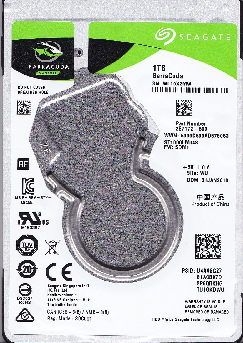 ST1000LM048 p/n: 2E7172-500 s/n: WL1 f/w: SDM1 JAN/ 2018 WU 1TB SATA 2.5 Seagate