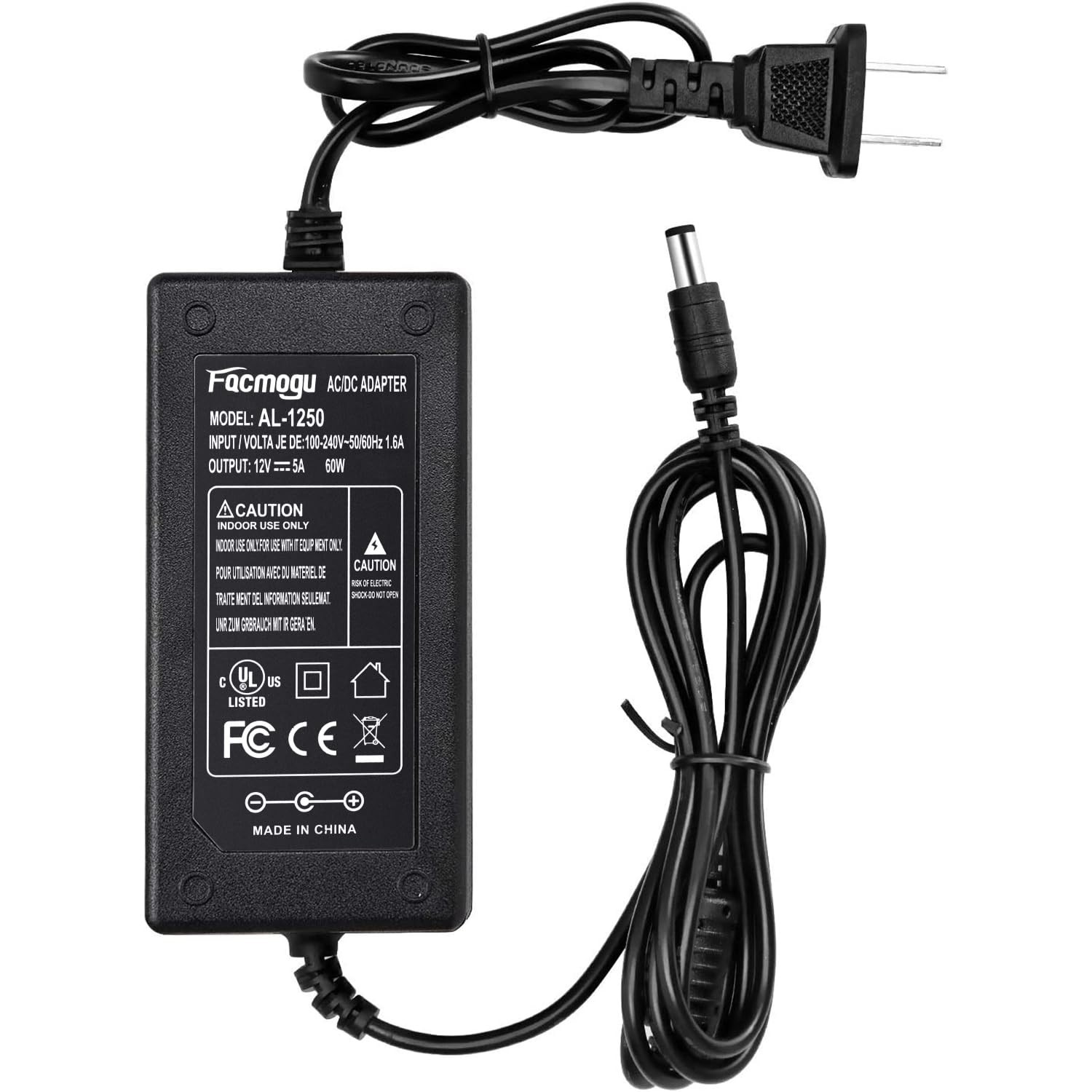 Facmogu 12V 5A Power Supply, AC 100-240V Adapter (2 Prong Plug), Black